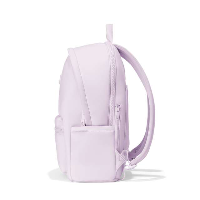 Dagne Dover large Dakota Neoprene Backpack in A soft purple with grey undertones seen from the side.