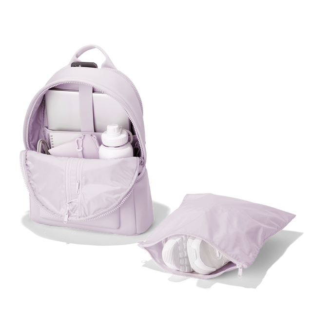 Dagne Dover large Dakota Neoprene Backpack in A soft purple with grey undertones unzipped, showing the interior pockets and shoe bag. hover
