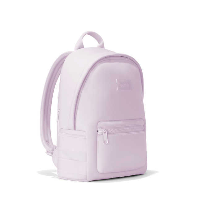 Dagne Dover medium Dakota Neoprene Backpack in a soft purple with grey undertones seen from an angle.

