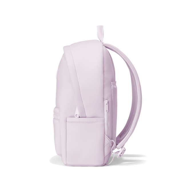 Dagne Dover medium Dakota Neoprene Backpack in a soft purple with grey undertones seen from the side.
