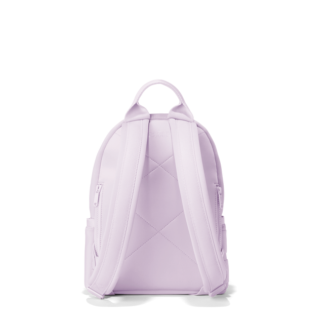 Dagne Dover small Dakota Neoprene Backpack in a soft purple with grey undertones seen from the back.
