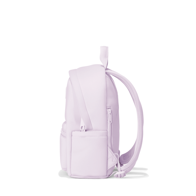 Dagne Dover small Dakota Neoprene Backpack in a soft purple with grey undertones seen from the side.
