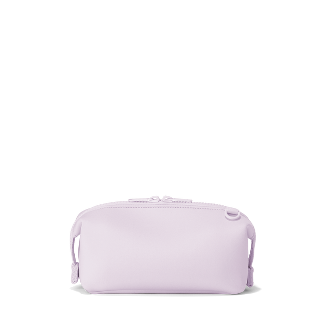Dagne Dover small Hunter Toiletry Bag in a soft purple with grey undertones seen from the back.
