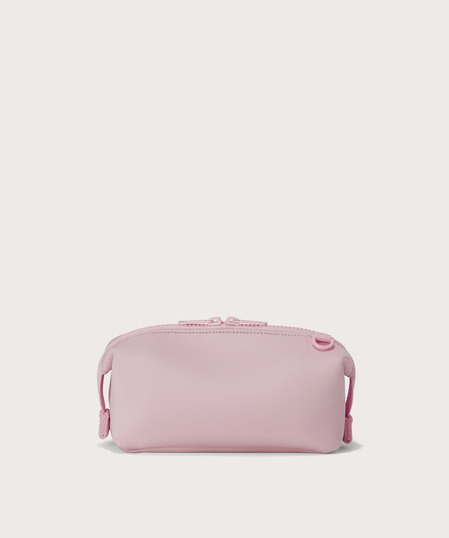 Hunter small toiletry bag in  cool, powdery pink with soft grey undertones Back view. 
