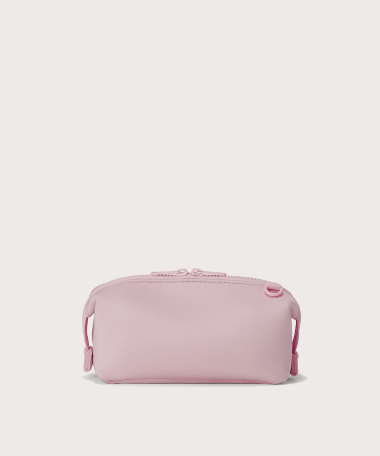Hunter small toiletry bag in  cool, powdery pink with soft grey undertones Back view. 
