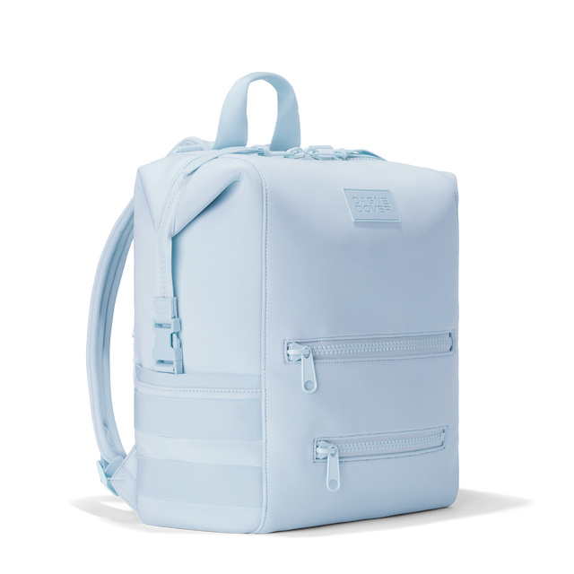 Dagne Dover Large Indi Diaper Backpack in an airy, lighter sky blue seen from an angle.
