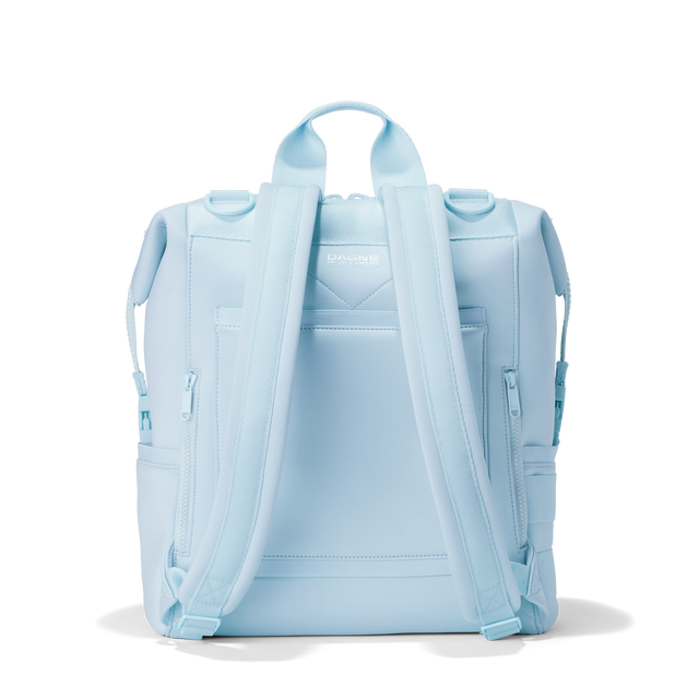 Dagne Dover Large Indi Diaper Backpack in an airy, lighter sky blue seen from the back.
