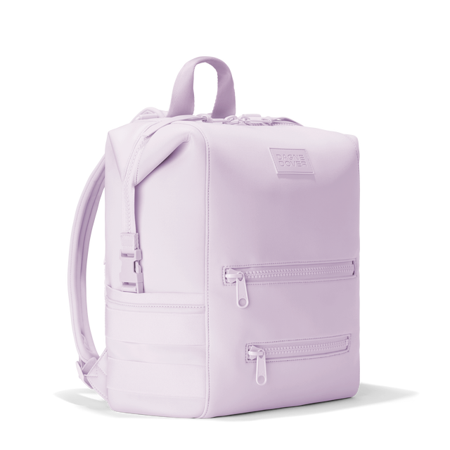 Dagne Dover Large Indi Diaper Backpack in a soft purple with grey undertones seen from an angle.
