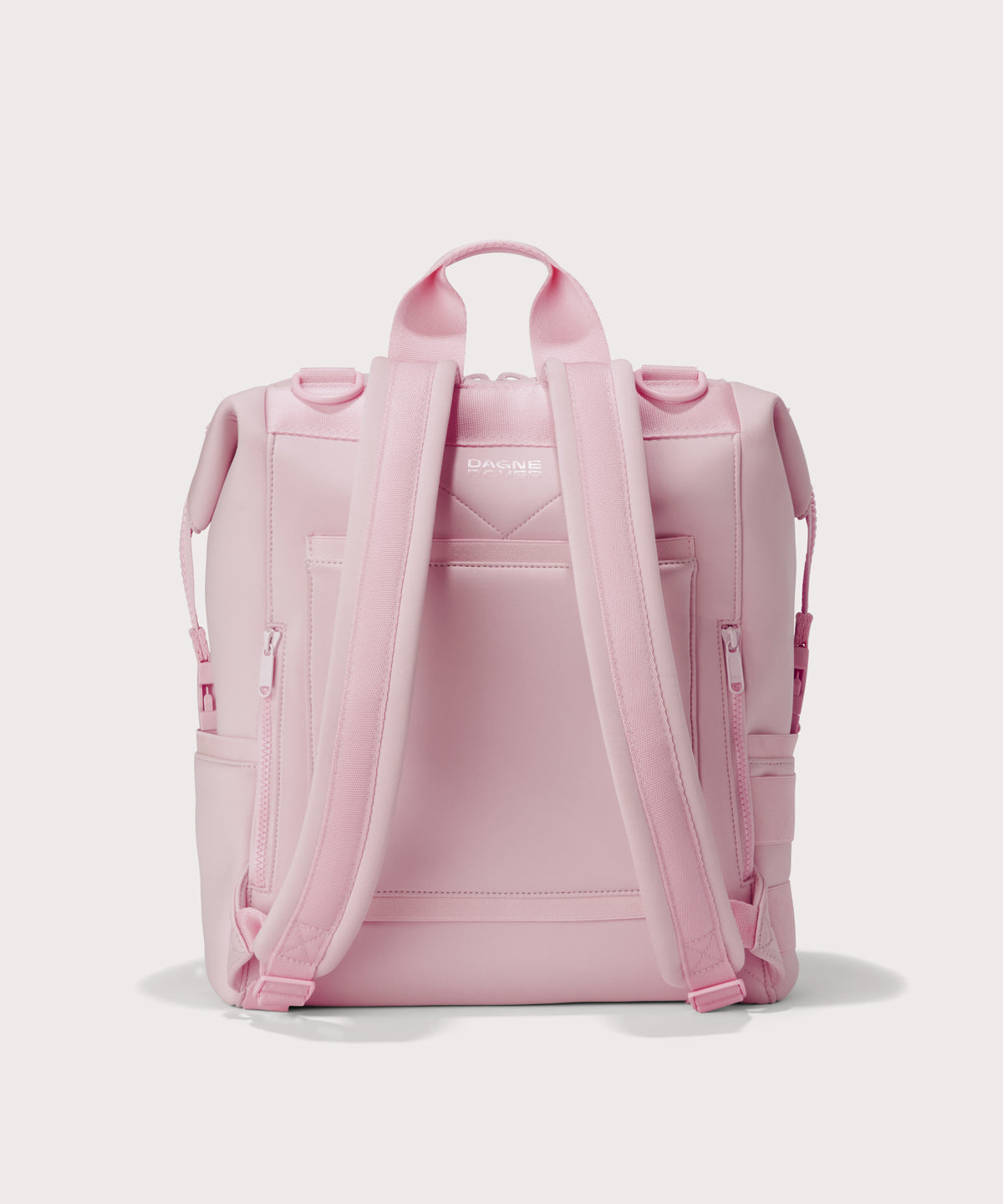 Large Indi backpack in a cool, powdery pink with soft grey undertones. Back view. 
