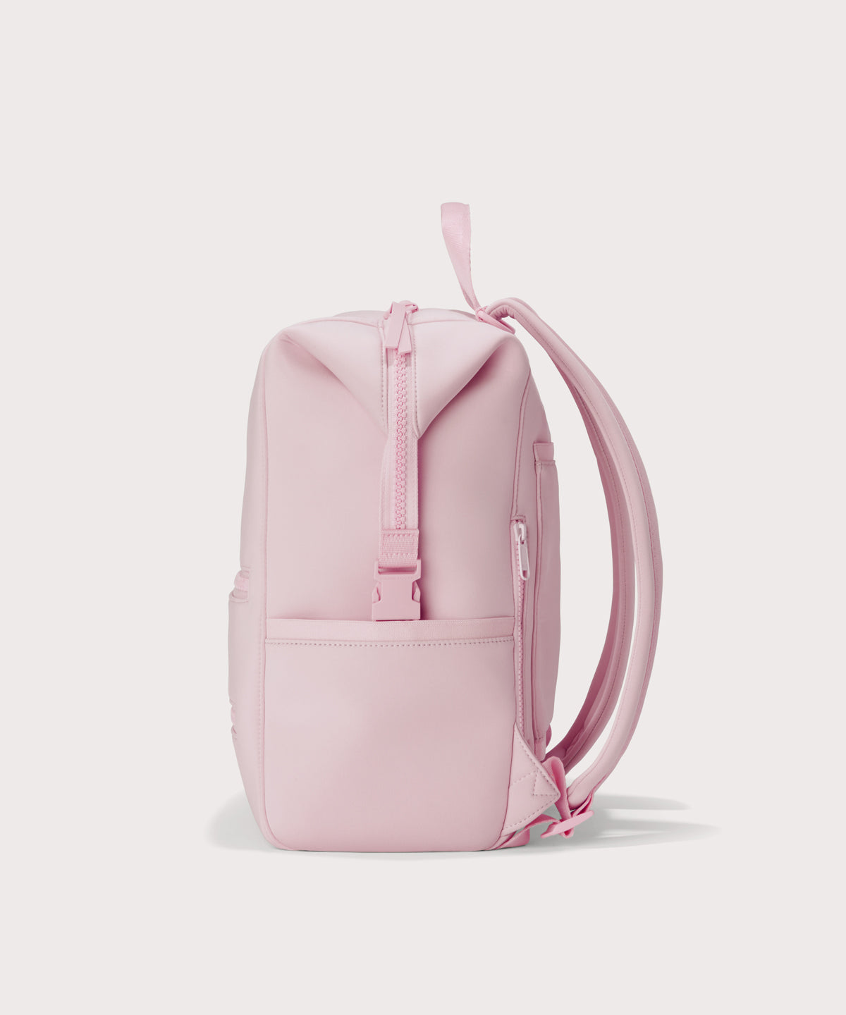 Large Indi backpack in a cool, powdery pink with soft grey undertones, side view
