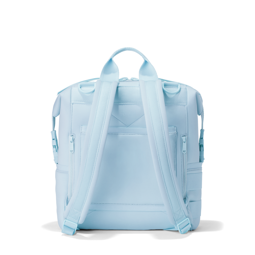 Dagne Dover medium Indi Diaper Backpack in an airy, lighter sky blue seen from the back.
