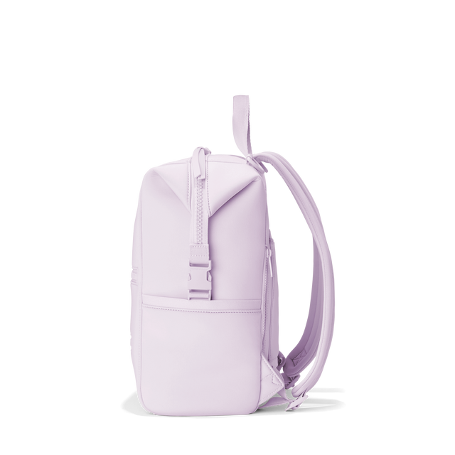 Dagne Dover medium Indi Diaper Backpack in a soft purple with grey undertones from the side.
