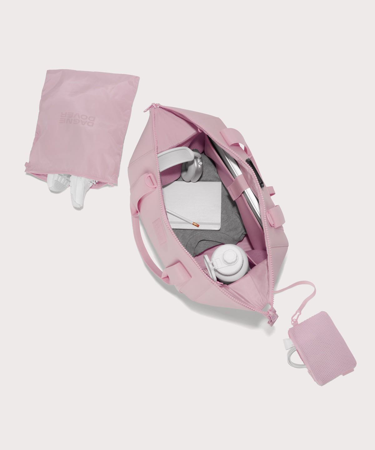  Large Landon Carryall in a cool, powdery pink with soft grey undertones unzipped, top down view. 
