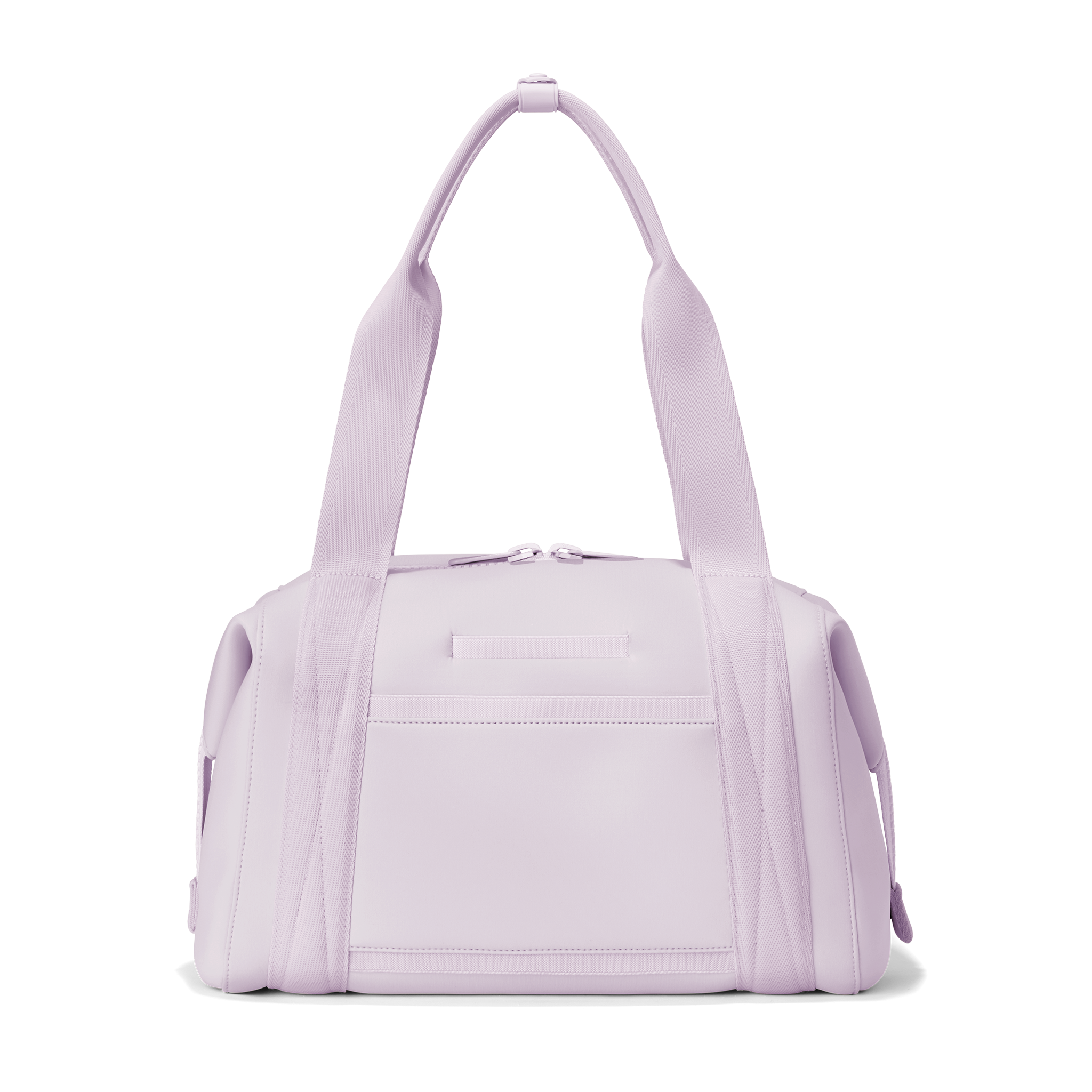 Dagne Dover medium Landon Carryall in a soft purple with grey undertones seen from the back displaying an exterior phone pocket.
