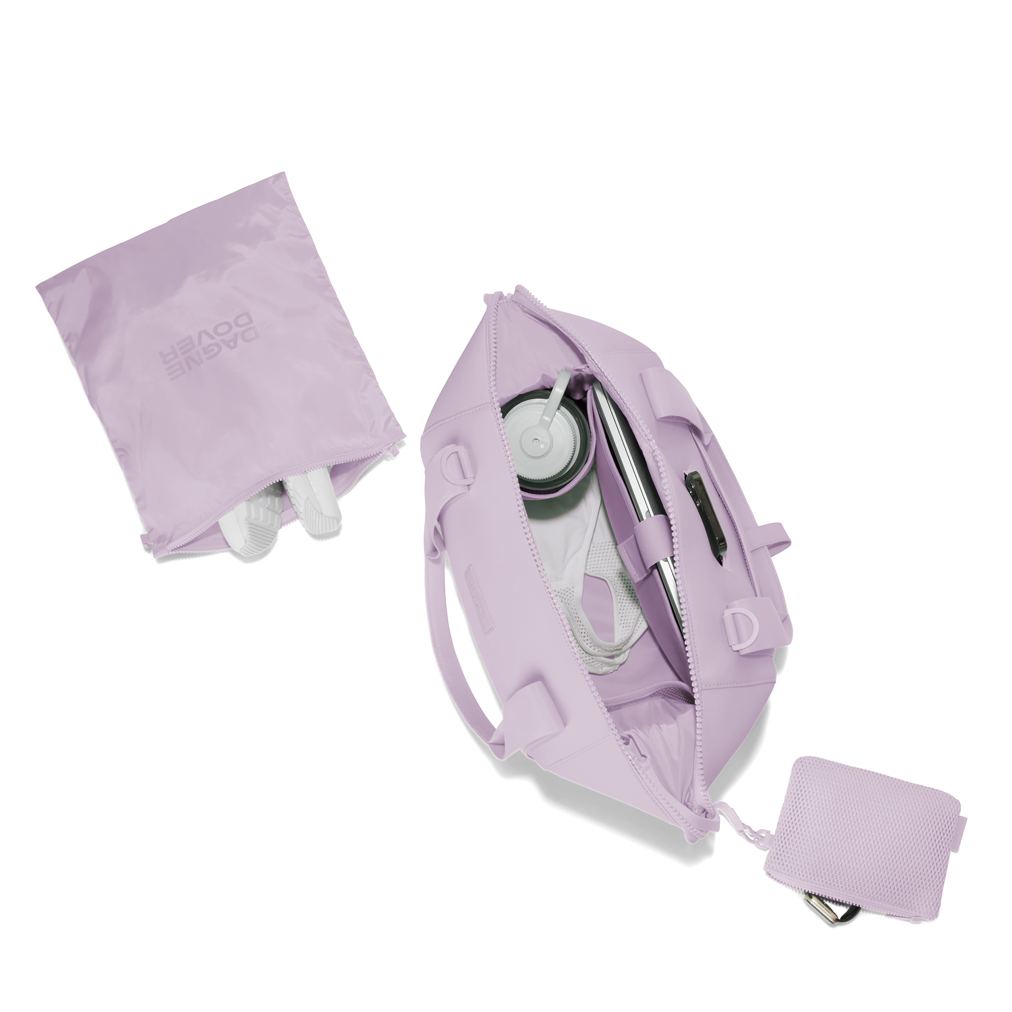 Dagne Dover medium Landon Carryall in a soft purple with grey undertones unzipped, top down view. Hover
