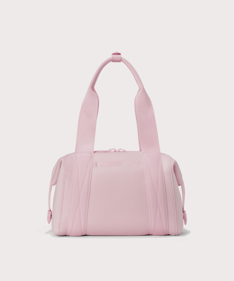  Small Landon Carryall in a cool, powdery pink with soft grey undertones, displaying an exterior phone pocket
