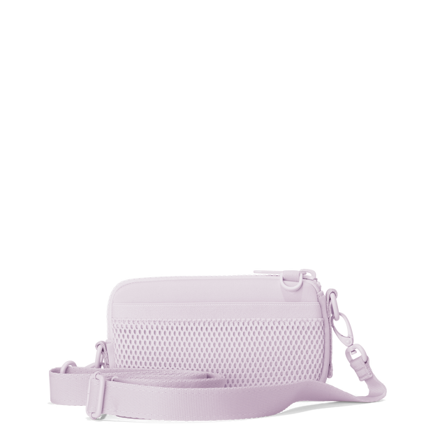 Dagne Dover Mara Phone Sling in a soft purple with grey undertones showing the exterior air mesh slip.
