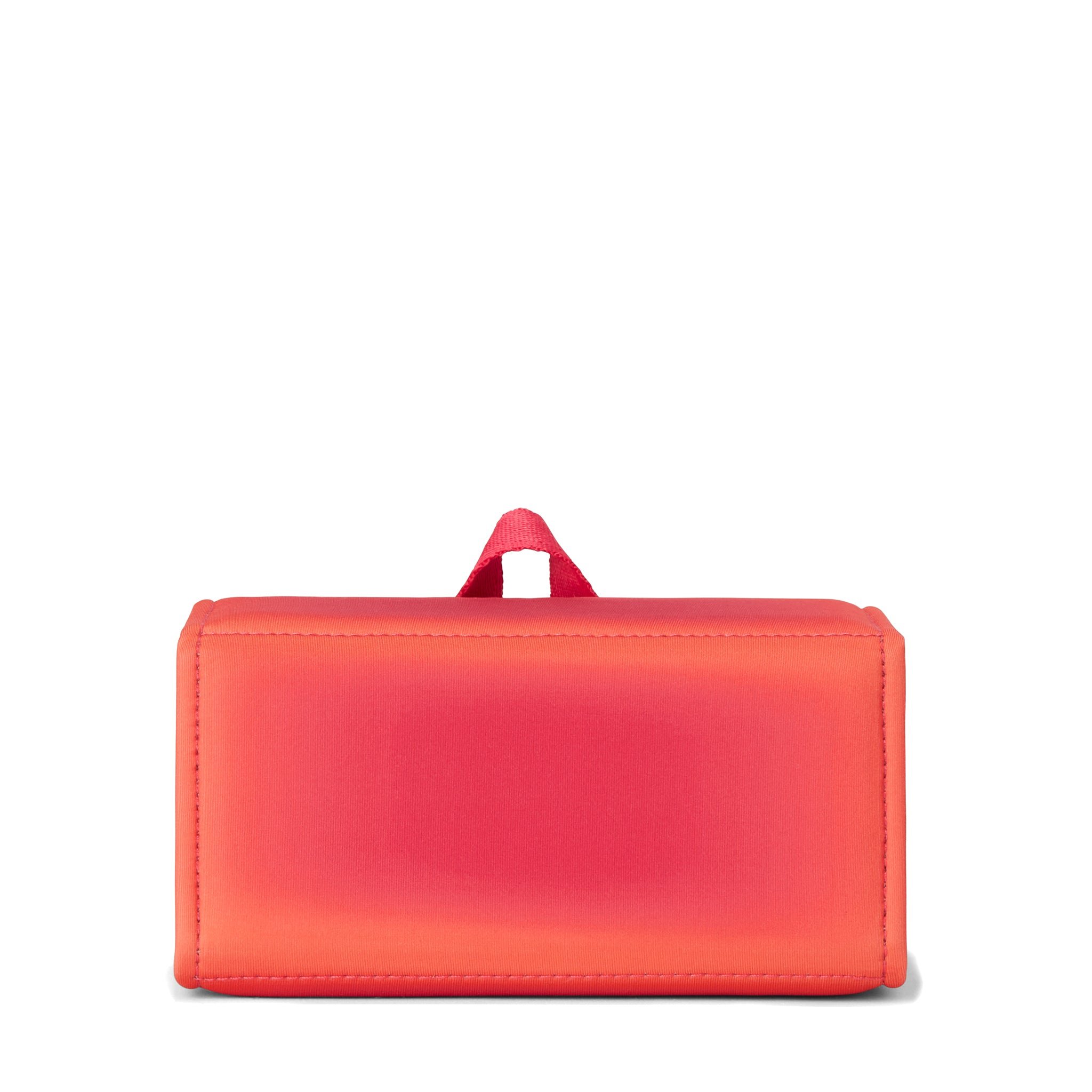 Dagne Dover Remi foldable glasses holder in dark a sun-bleached novelty treatment with fruit punch and pops of airbrushed orange seen from the back.
