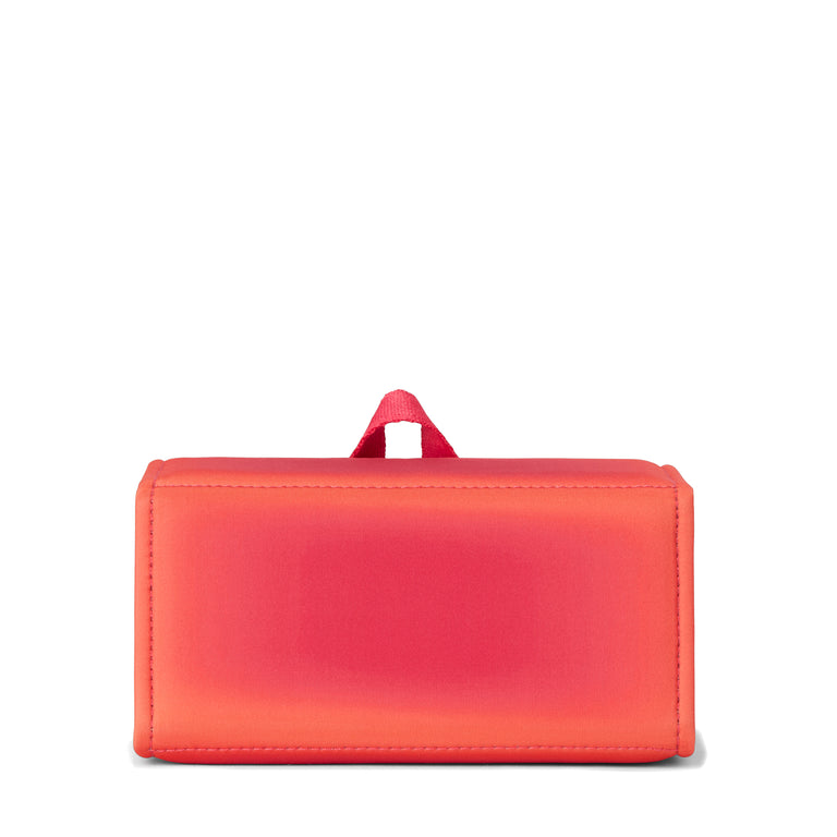 Dagne Dover Remi foldable glasses holder in dark a sun-bleached novelty treatment with fruit punch and pops of airbrushed orange seen from the back.