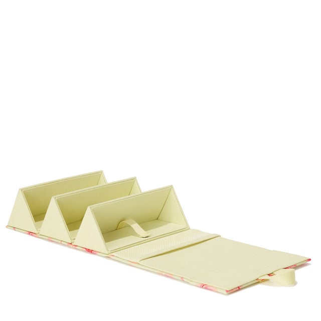 Dagne Dover Remi foldable glasses holder in a custom-painted hibiscus pattern, unfolded.