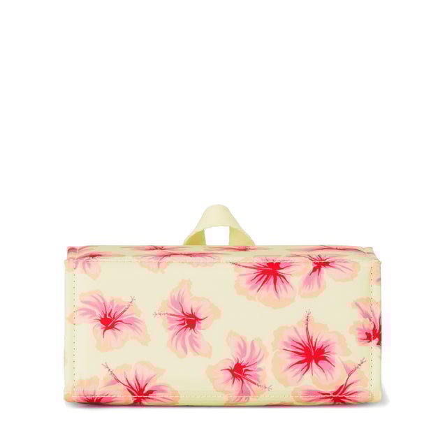 Dagne Dover Remi foldable glasses holder in dark a custom-painted hibiscus pattern seen from the back.