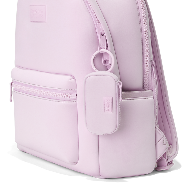 Dagne Dover Mara Keychain in a soft purple with grey undertones clipped onto a backpack. hover
