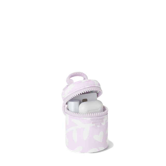 Dagne Dover mila Keychain in a custom washed lilac and cream floral print unzipped, showing interior.
