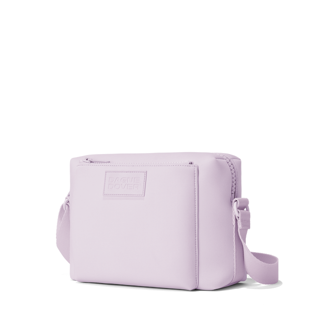 Dagne Dover Micah crossbody in  a soft purple with grey undertones seen from an angle.
