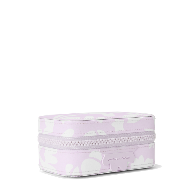 Dagne Dover Small Frankie Jewelry Case in a custom washed lilac and cream floral print seen from an angle.