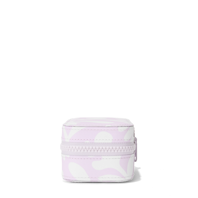 Dagne Dover Small Frankie Jewelry Case in a custom washed lilac and cream floral print seen from a side.