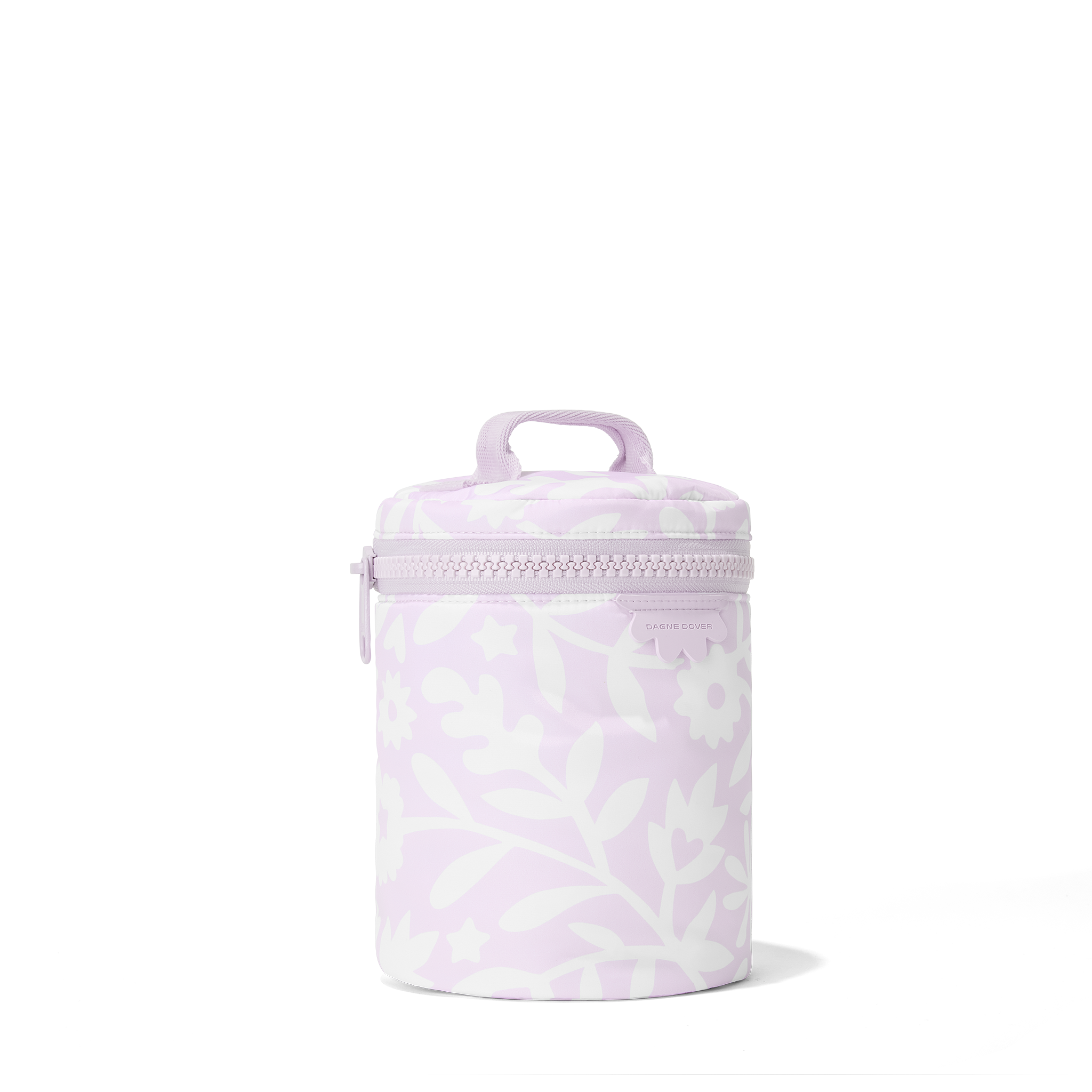 Dagne Dover large Mila Toiletry Pouch in a custom washed lilac and cream floral print seen from an angle.
