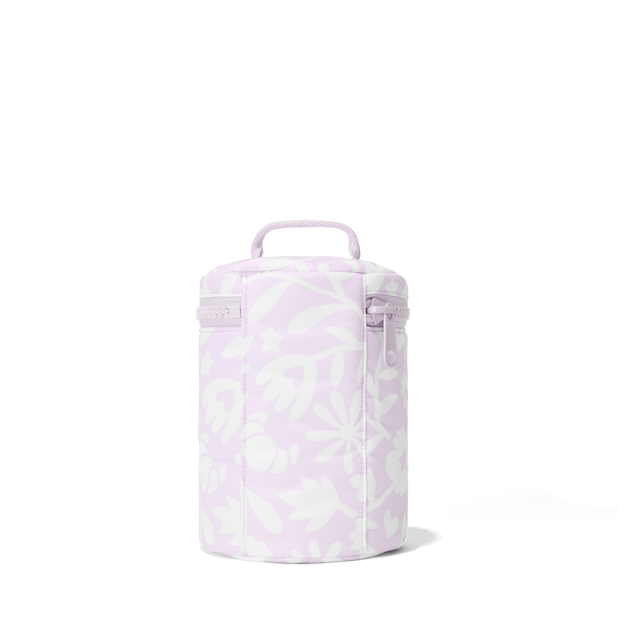 Dagne Dover large Mila Toiletry Pouch in a custom washed lilac and cream floral print seen from the back.
