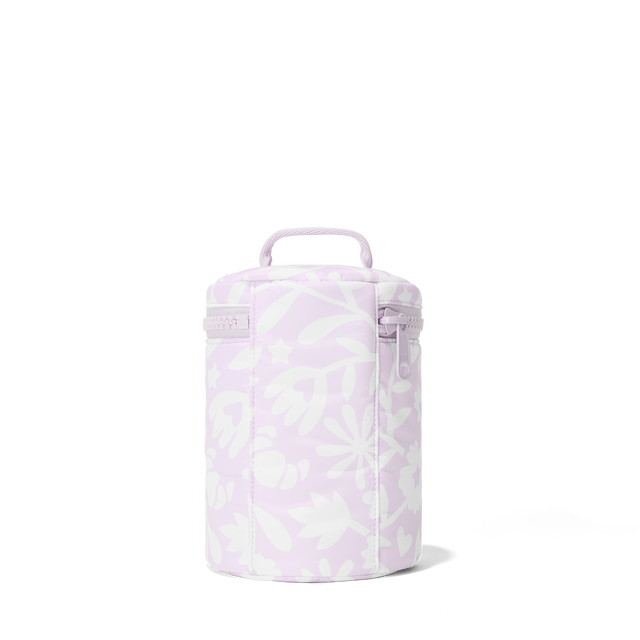 Dagne Dover large Mila Toiletry Pouch in a custom washed lilac and cream floral print seen from the back.
