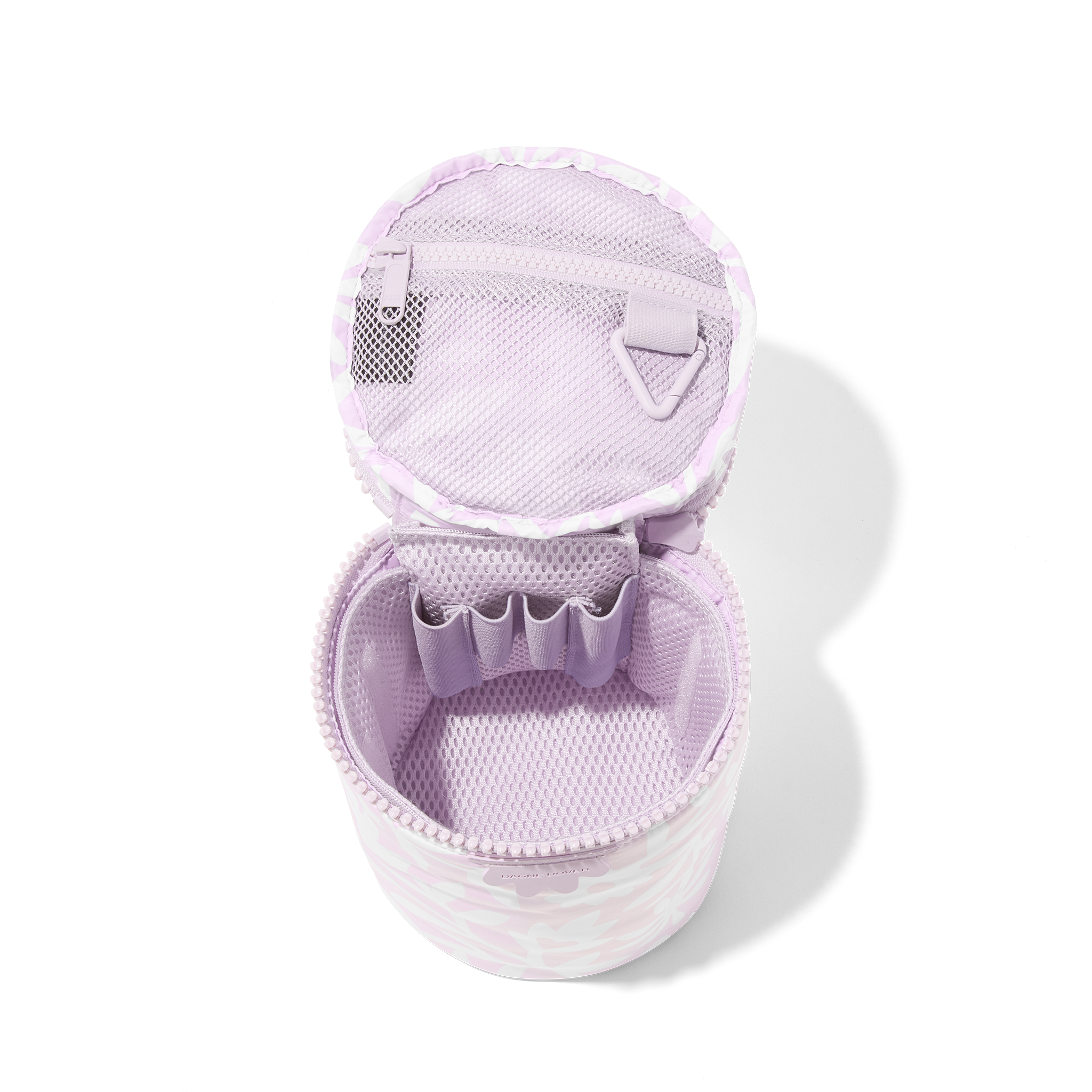Dagne Dover large Mila Toiletry Pouch in a custom washed lilac and cream floral print unzipped with the removable airmesh insert.
