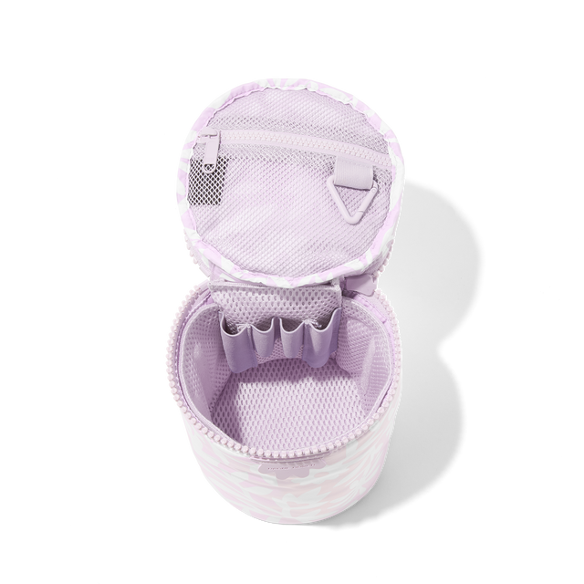 Dagne Dover large Mila Toiletry Pouch in a custom washed lilac and cream floral print unzipped with the removable airmesh insert.
