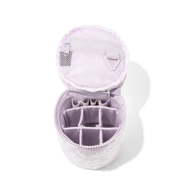 Dagne Dover large Mila Toiletry Pouch in a custom washed lilac and cream floral print unzipped with the 6 adjustable compartments.
