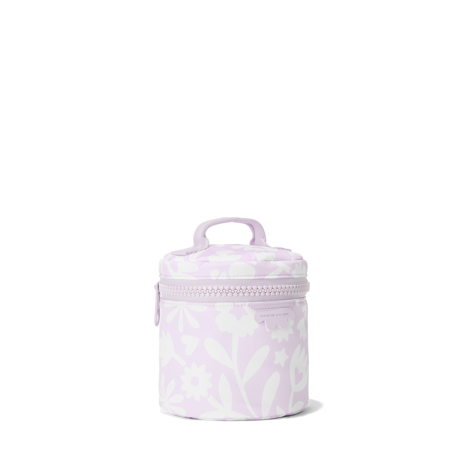 Dagne Dover small Mila Toiletry Pouch in a custom washed lilac and cream floral print seen from an angle.
