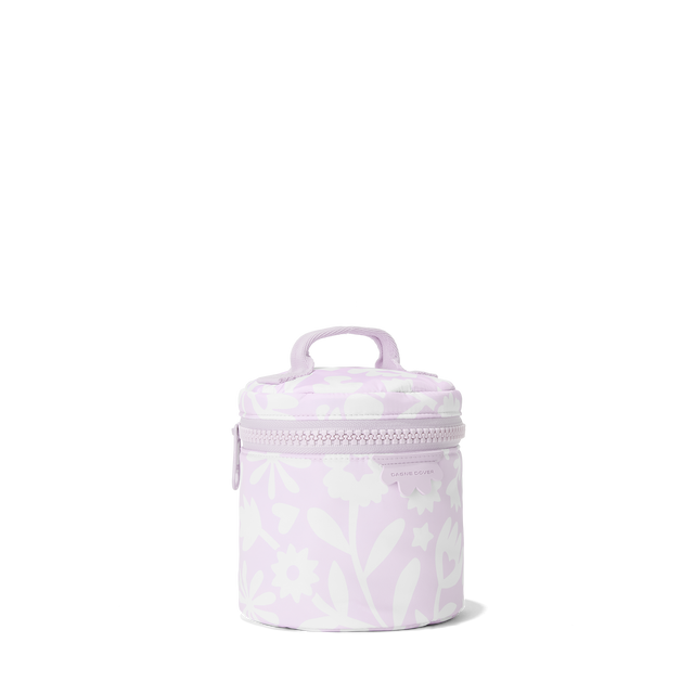 Dagne Dover small Mila Toiletry Pouch in a custom washed lilac and cream floral print seen from an angle.
