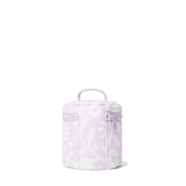 Dagne Dover small Mila Toiletry Pouch in a custom washed lilac and cream floral print seen from the back.

