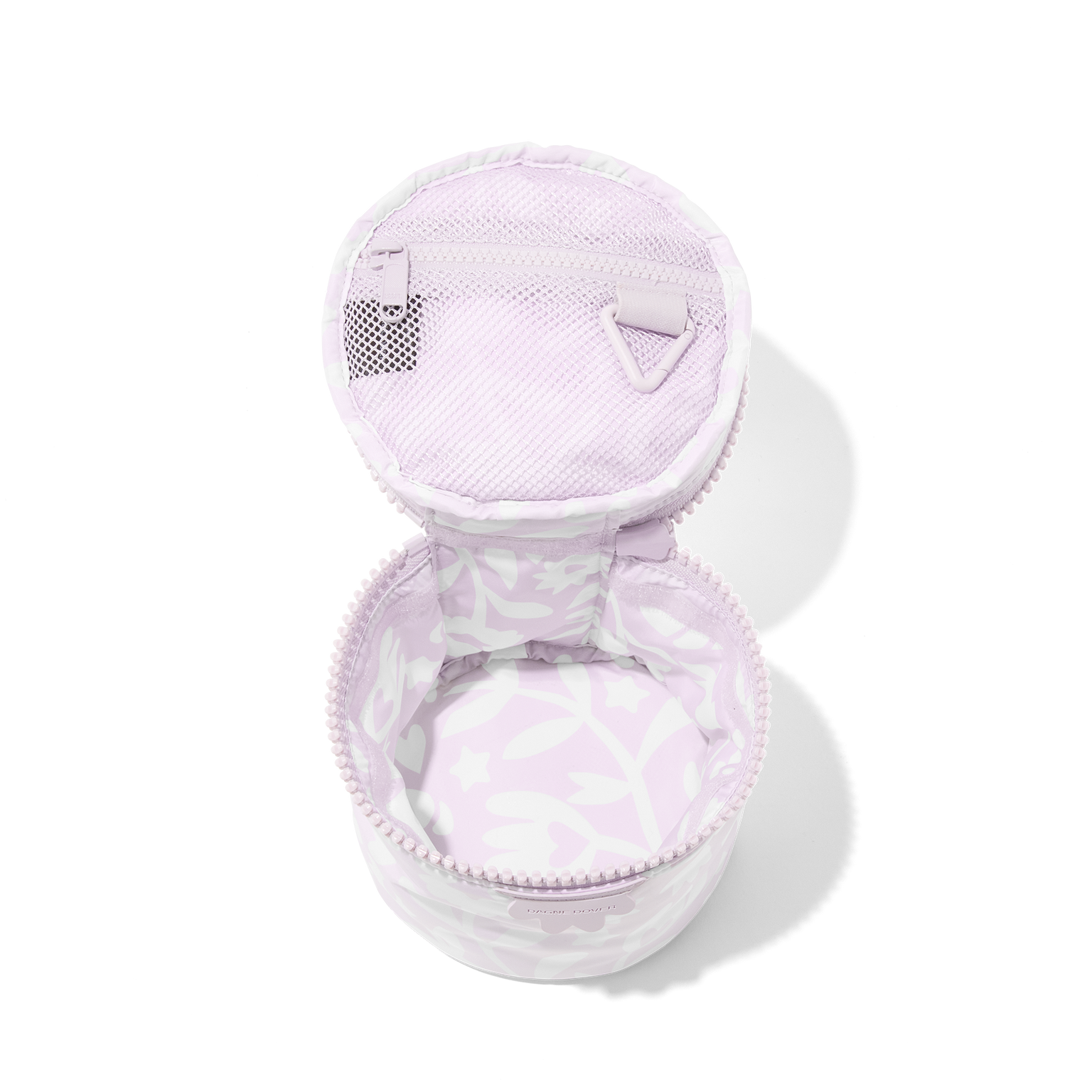 Dagne Dover small Mila Toiletry Pouch in a custom washed lilac and cream floral print unzipped.
