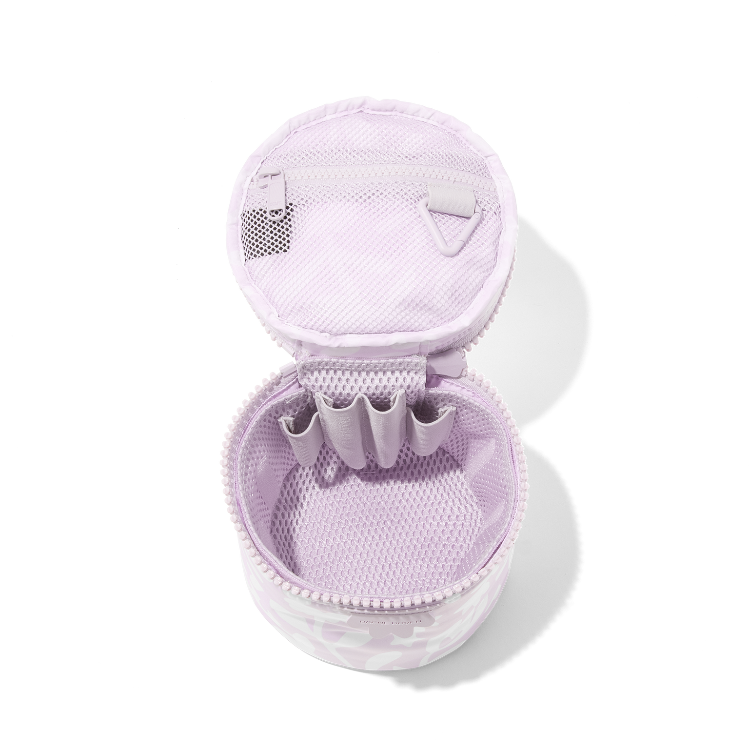 Dagne Dover small Mila Toiletry Pouch in a custom washed lilac and cream floral print unzipped with the removable airmesh insert.
