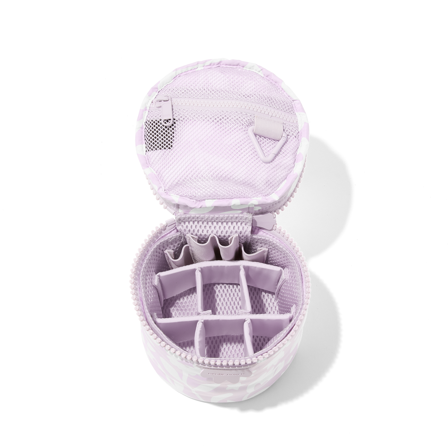 Dagne Dover small Mila Toiletry Pouch in a custom washed lilac and cream floral print unzipped with the 6 adjustable compartments.

