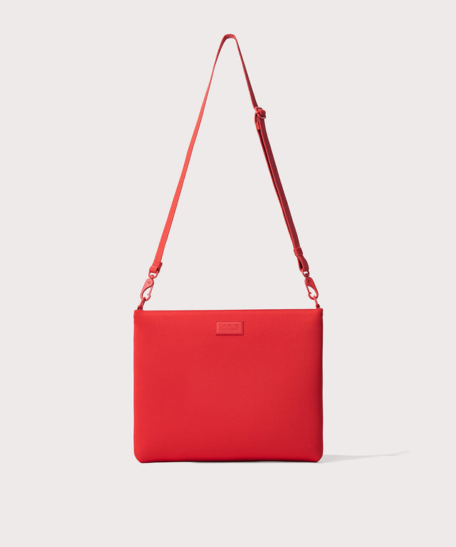 14 inch laptop shoulder bag in a fiery, saturated red leaning toward orange seen from the front view. 
