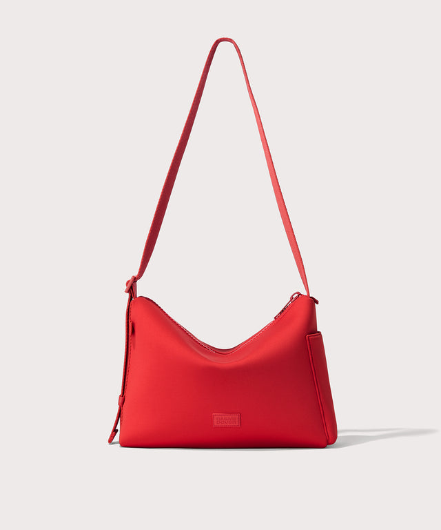 Shoulder bag in a fiery, saturated red leaning toward orange seen from the front view. 