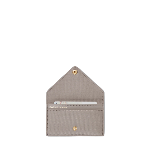 hover - Dagne Dover vegan Card Case in beige opened revealing the two internal card slots.