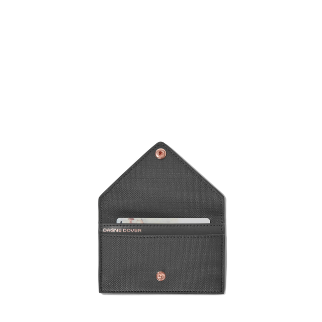 hover - Dagne Dover vegan Card Case in grey opened revealing the two internal card slots.