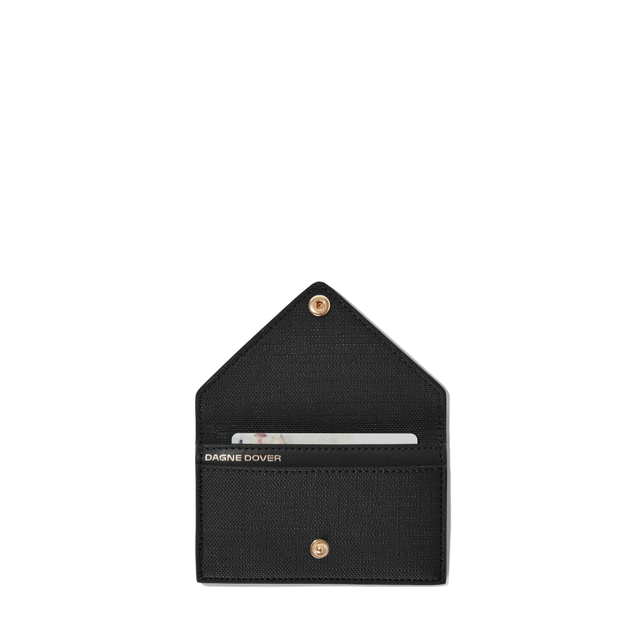 hover - Dagne Dover vegan Card Case in black opened revealing the two internal card slots.