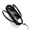 hover - Dagne Dover Classic Signature Leather Tote in black seen from above, revealing 2 slip pockets, the neoprene bottle holder, and large interior zipper pocket.