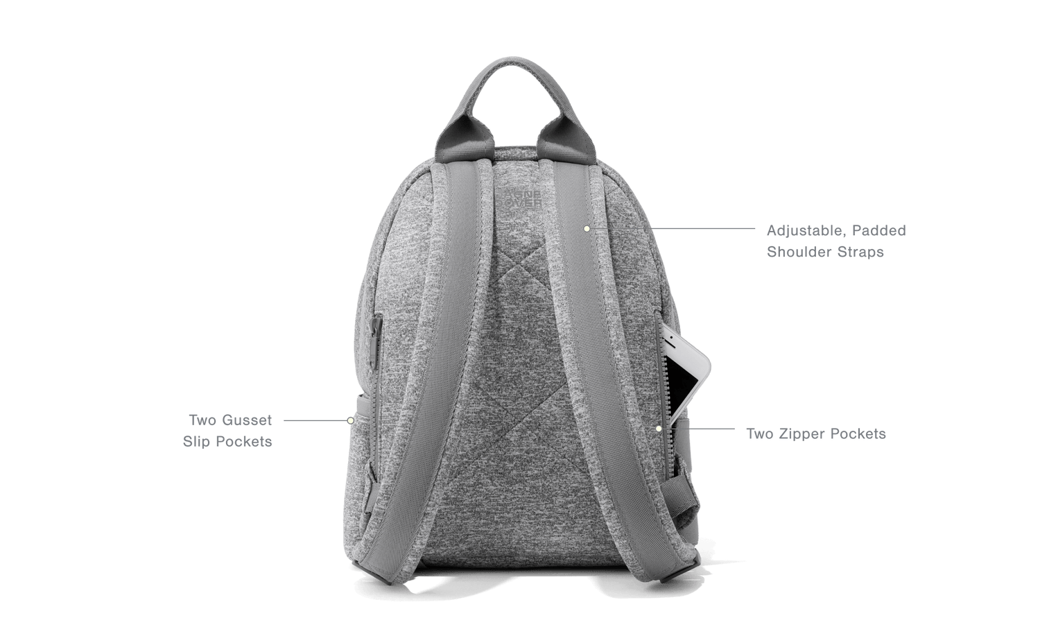 Back Features: Adjustable, Padded Shoulder Straps, Two Gusset Slip Pockets, Two Zipper Pockets, 
