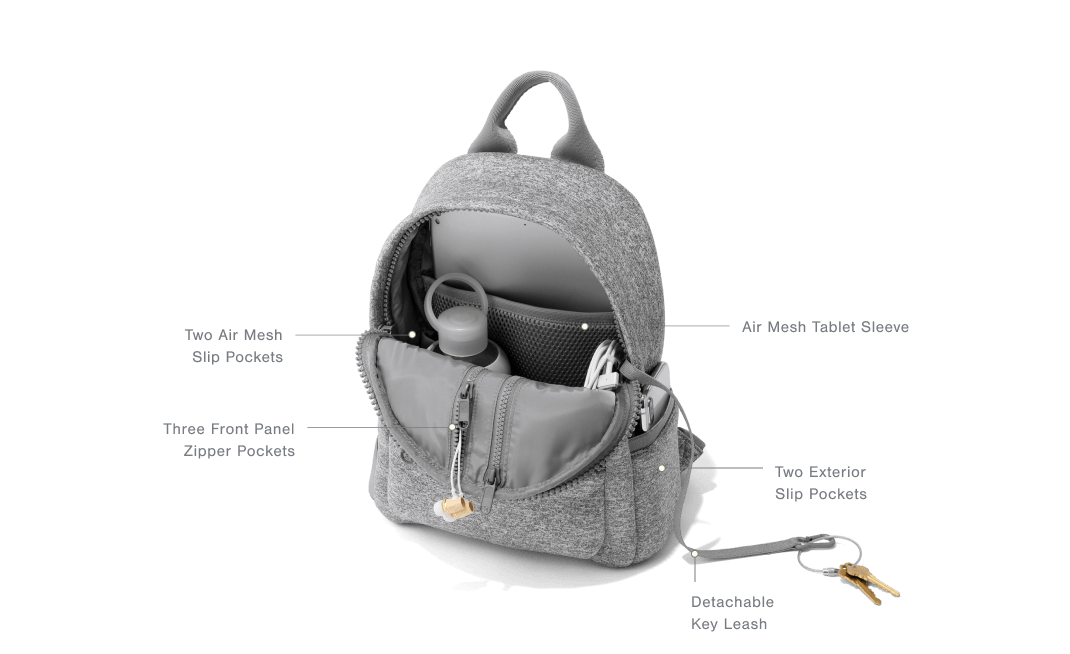 Interior Features: Two Air Mesh Slip Pockets, Air Mesh Tablet Sleeve, Three Front Panel Zipper Pockets, Two Exterior Slip Pockets, Detachable Key Leash 